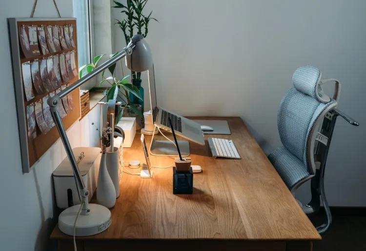Professional workspace with stress management tools and ergonomic setup